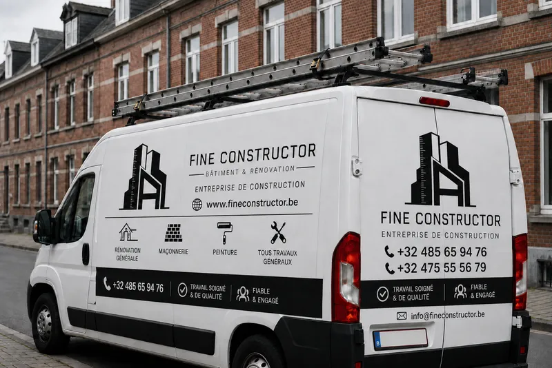 Illustration : une camionnette blanche portant le marquage de Fine Constructor dans une rue bruxelloise.