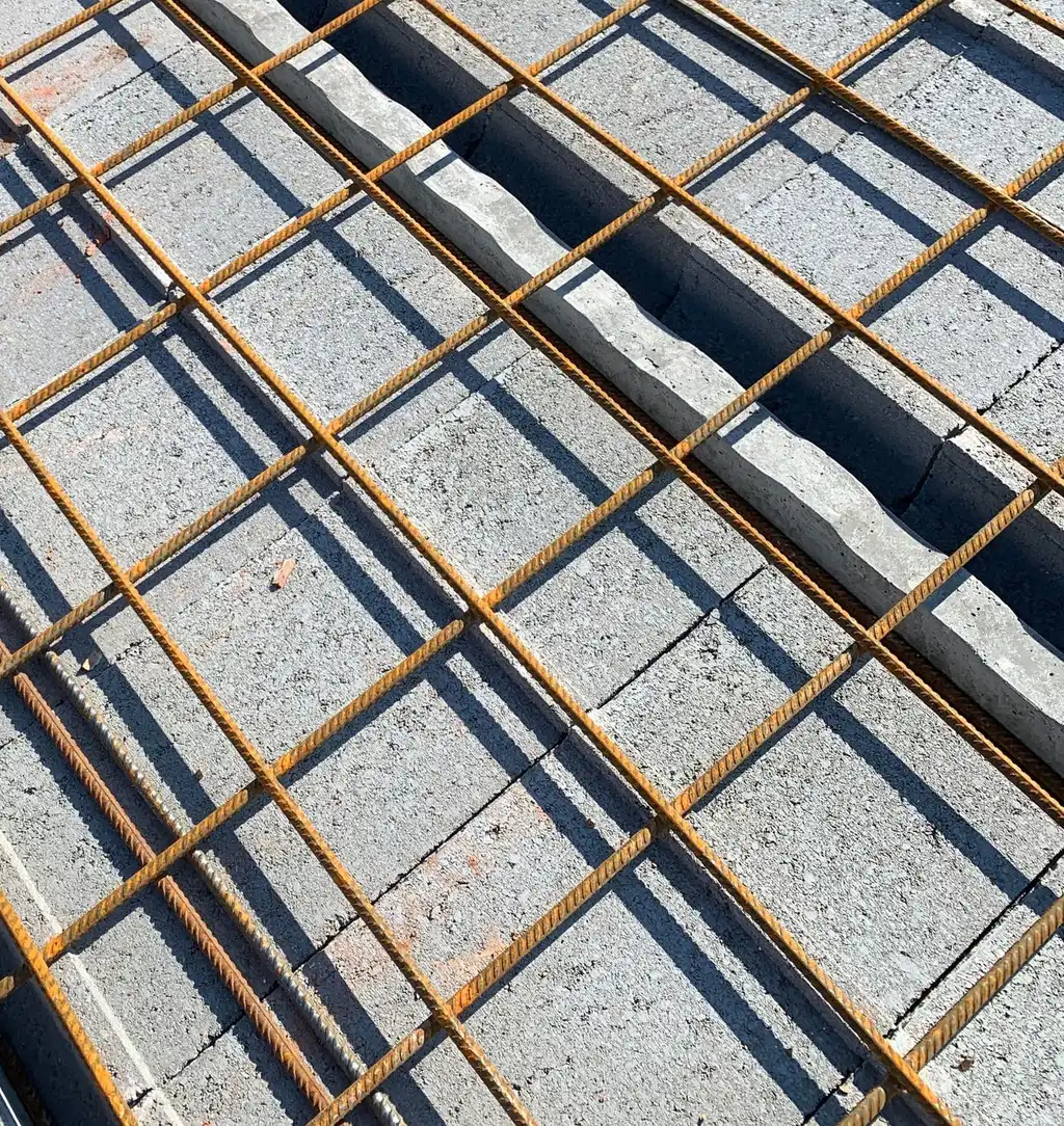 Treillis d’armature sur les hourdis de la dalle d’étage.