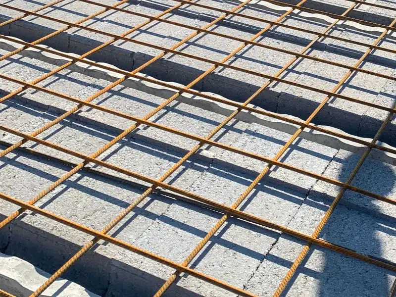 Ferraillage posé sur les hourdis du nouveau plancher d’étage.